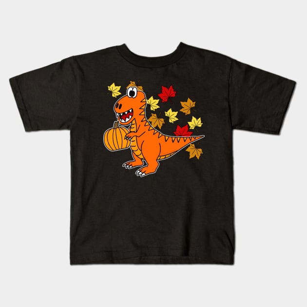 Fall Dinosaur T-Rex Pumpkin Leaves Autumn October Kids T-Shirt by doodlerob